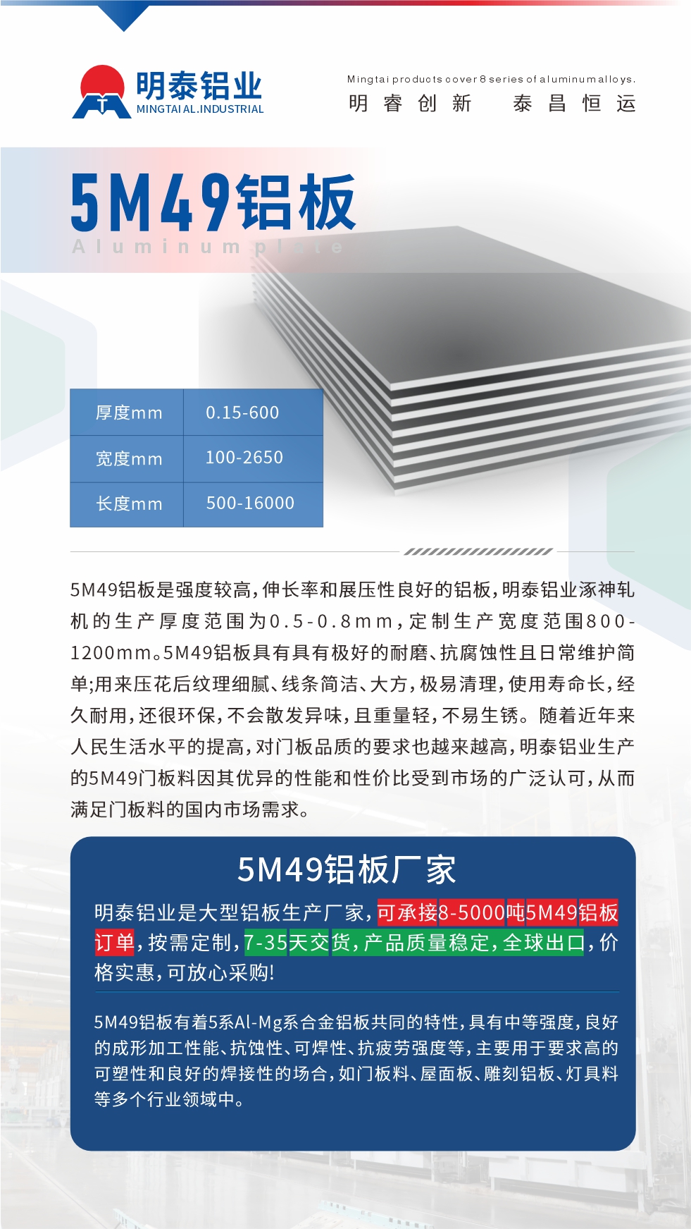 5M49鋁板是強(qiáng)度較高，伸長率和展壓性良好的鋁板，明泰鋁業(yè)涿神軋機(jī)的生產(chǎn)厚度范圍為0.5-0.8mm，定制生產(chǎn)寬度范圍800-1200mm。5M49鋁板具有具有極好的耐磨、抗腐蝕性且日常維護(hù)簡單;用來壓花后紋理細(xì)膩、線條簡潔、大方，極易清理，使用壽命長，經(jīng)久耐用，還很環(huán)保，不會散發(fā)異味，且重量輕，不易生銹。 隨著近年來人民生活水平的提高，對門板品質(zhì)的要求也越來越高，明泰鋁業(yè)生產(chǎn)的5M49門板料因其優(yōu)異的性能和性價比受到市場的廣泛認(rèn)可，從而滿足門板料的國內(nèi)市場需求。
