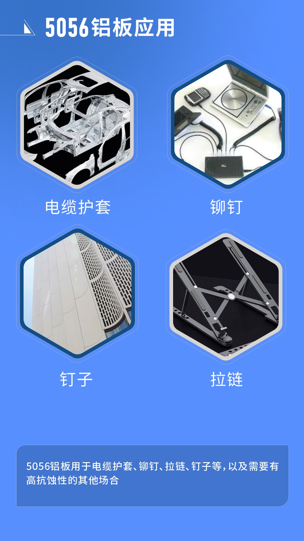 市場應用
　　5056鋁板用于電纜護套、鉚釘、拉鏈、釘子等，以及需要有高抗蝕性的其他場合。
　　5056鋁板生產(chǎn)廠家
　　明泰鋁業(yè)支持定做，為用戶合理推薦更合理產(chǎn)品規(guī)格，并提供優(yōu)惠報價，讓您選購無憂。
　　明泰鋁業(yè)是一家集科研、加工、制造為一體的大型現(xiàn)代化鋁加工企業(yè)。公司可生產(chǎn)1-8系鋁板帶箔產(chǎn)品，規(guī)格齊全。