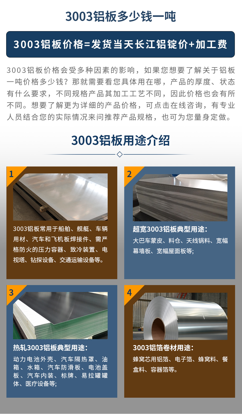 3003鋁板用途介紹
　　3003鋁板常用于船舶、艦艇、車輛用材、汽車和飛機板焊接件、需嚴格防火的壓力容器、致冷裝置、電視塔、鉆探設備、交通運輸設備等。超寬3003鋁板典型用途：大巴車蒙皮、料倉、天線鍋料、寬幅幕墻板、寬幅屋面板等;熱軋3003鋁板典型用途：動力電池外殼、汽車隔熱罩、油箱、水箱、汽車防滑板、電池蓋板、汽車內裝、標牌、易拉罐罐體、醫(yī)療設備等;3003鋁箔卷材用途： 蜂窩芯用鋁箔、電子箔、蜂窩料、餐盒料、容器箔等。